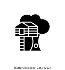 House On Tree - Tree House Icon, Vector Illustration, Black Sign On Isolated Background