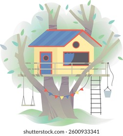 House on tree for kids isolated on transparent bg. Children playground with rope swing and bucket. Wooden hut, rope ladder. Watercolor style. Vector illustration. 