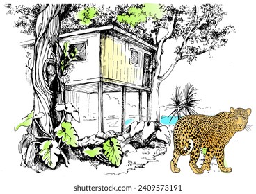 A house on a tree and leopard. Vintage line drawing or engraving illustration.