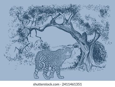 A house on a tree and leopard. Vintage line drawing or engraving illustration.
