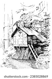 A house on a tree. Pen sketch converted to vector drawing
