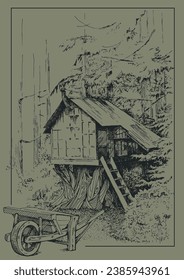 A house on a tree. Pen sketch converted to vector drawing
