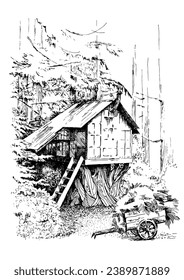 A house on a tree. Pen sketch converted to vector drawing
