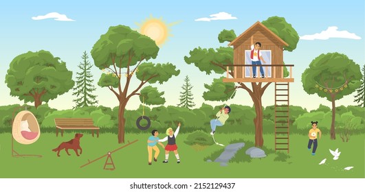 House on tree. Playground landscape. Vector children play in park with treehouse and swing. Kindergarten, school garden or outdoor summer camp