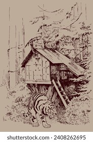 A house on a tree and tiger. Vintage line drawing or engraving illustration.