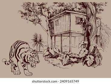 A house on a tree and tiger. Vintage line drawing or engraving illustration.