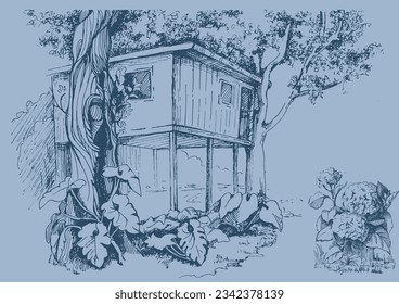 A house on a tree. Tropical landscape sketch.  Pen sketch converted to vector drawing