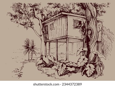 A house on a tree. Tropical landscape sketch.  Pen sketch converted to vector drawing