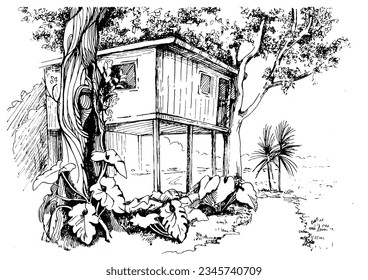 A house on a tree. Tropical landscape sketch.  Pen sketch converted to vector drawing