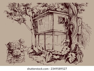 A house on a tree. Tropical landscape sketch.  Pen sketch converted to vector drawing
