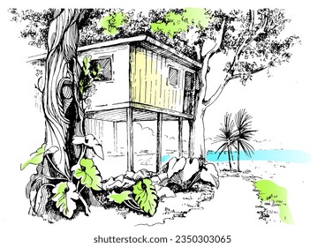 A house on a tree. Tropical landscape sketch.  Pen sketch converted to vector drawing

