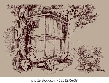 A house on a tree. Tropical landscape sketch.  Pen sketch converted to vector drawing
