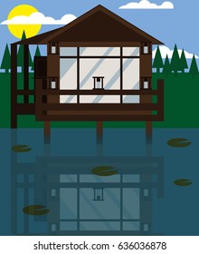 House on the water. Vector. Flat design. Illustration of house   In a daylight on the countryside next to the river.