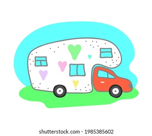 House on wheels. Cute motorhome with hearts. Vector illustration.