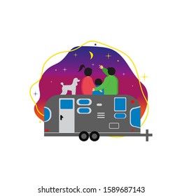 House on wheels. Family travels on a trailer. Magical moment. Vector illustration in flat style. Template for poster, banner, logo, card and web. Abstract background