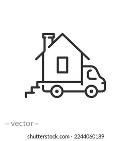 house on wheels icon, motorhome, car for home, camper van, thin line symbol on white background - editable stroke vector illustration