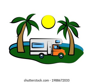 House on wheels. Live on wheels. Cartoon. Bus and palm trees. Vector illustration.