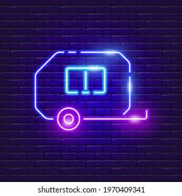 House on wheels neon icon. Vector illustration trailer camping for the design of advertising, website, promotion, banner, brochure, flyer. Concept of Hike, travel, camping.
