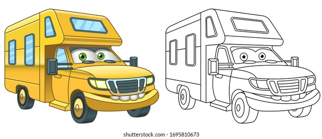House On Wheels. RV - Recreational Vehicle Trailer. Coloring Page And Colorful Clipart Character. Cartoon Design For T Shirt Print, Icon, Logo, Label, Patch Or Sticker. Vector Illustration.