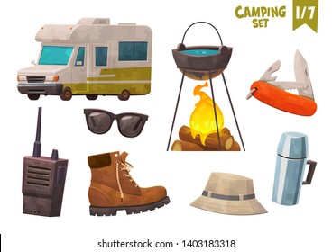 House on wheels thermos bottle hiking boot walkie talkie sunglasses knife camping set vector