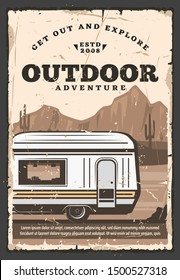 House on wheels trailer van, vector. Camping mobile house in desert with mountains and cactuses, recreational vehicle. Outdoor adventure, traveling caravan, cabin with window