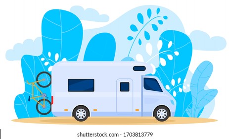 House on wheels, traveling truck, carries bicycle, camper wagon, palm tree leaf background, vector illustration. Free vacation, travel around country by car, design banner, trip exploring world.