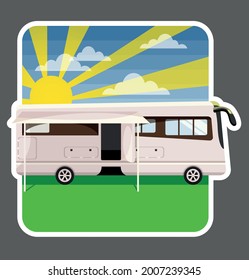 House on wheels. Vector image. Colored sticker. Motorhome on the background of nature. Trailer with open door and cornice.