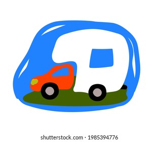 House on wheels. White van on a blue background. Vector illustration.