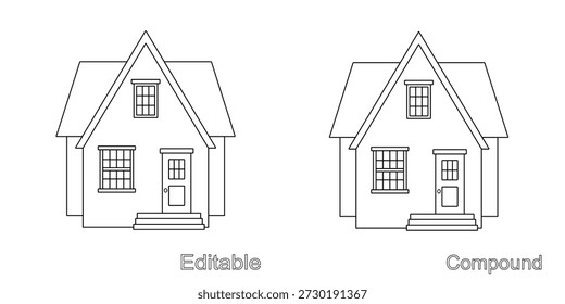 Casa sobre un fondo blanco. Dibujo de contorno editable y compuesto, aislado. Icono lineal, Ilustración vectorial. Plantilla para colorear página.