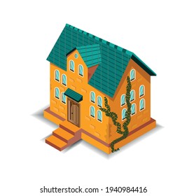 Haus auf weißem Hintergrund - Isoometrie. Vintage-Haus mit Efeu-Vektorgrafik.