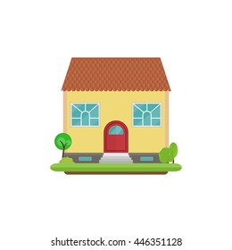 house on a white background with a roof of tiles, windows and plants, vector illustration in flat style