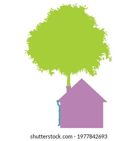 House on a white next to a tree.  A flat one-color house, simple in shape.  Sunny day.  Icon, logo