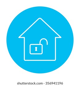House with an open lock line icon for web, mobile and infographics. Vector white icon on the light blue circle isolated on white background.