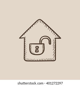 House with open lock sketch icon.