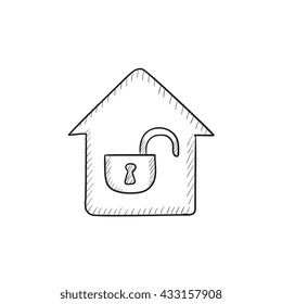 Casa com bloqueio aberto vetor ícone de esboço isolado no fundo. Mão desenhada House com ícone de cadeado aberto. Casa com ícone de esboço de cadeado aberto para infográfico, site ou aplicativo.