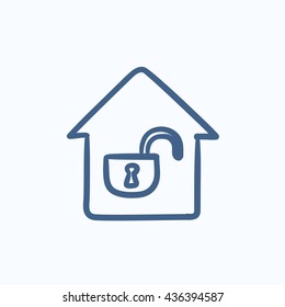 House with open lock vector sketch icon isolated on background. Hand drawn House with open lock icon. House with open lock sketch icon for infographic, website or app.