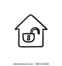 Casa con icono de esbozo de vector de bloqueo abierto aislado en el fondo. Dibujar mano a la Casa con el icono de bloqueo abierto. Casa con icono de esbozo de bloqueo abierto para infografía, sitio web o aplicación.