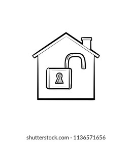 Casa con candado abierto dentro del icono del doodle dibujado a mano. Bloqueo, protección domiciliaria, seguridad, concepto de propiedad. Ilustración vectorial para impresión, web, móvil e infografía sobre fondo blanco.