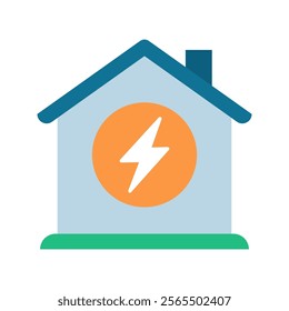 House with an orange circle containing a lightning bolt highlights the concept of home energy solutions and energy efficiency. Vector illustration.