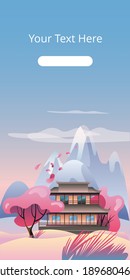 Casa de estilo oriental sobre el fondo de un paisaje montañoso. Ilustración vectorial en estilo plano en colores rosados. Una plantilla de banner vertical.