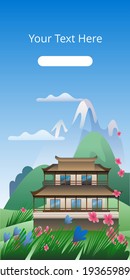 Casa de estilo oriental sobre el fondo de un paisaje montañoso. Paisaje montañoso de verano con casa. Una plantilla de banner vertical.