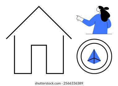 House outline beside a person in blue pointing upwards and a circular emblem with a blue rocket inside. Ideal for home building, architecture, design, real estate, and innovation themes. Modern