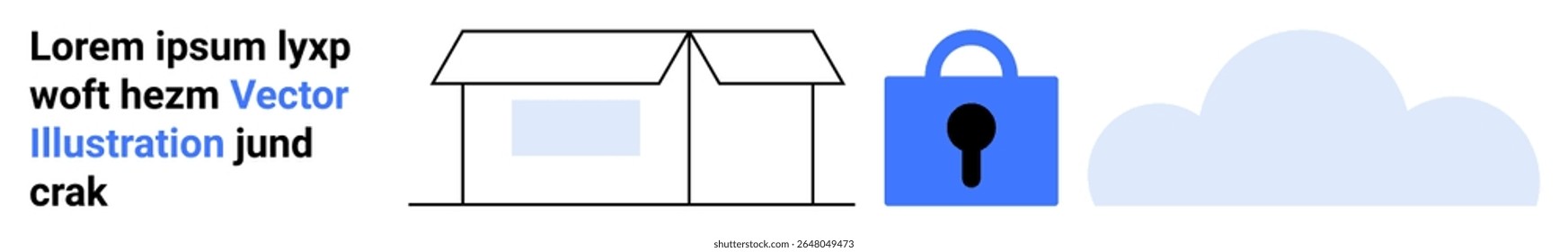 Contorno da casa, cadeado azul e formas de nuvens azuis com texto de espaço reservado. Ideal para segurança, serviços domésticos, armazenamento em nuvem, ilustrações, design da Web, segurança de dados e ícones técnicos. Faixa para pouso
