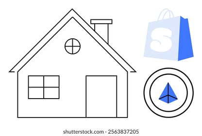 House outline with chimney and window, blue shopping bag with S letter, and blue triangle emblem in circle. Ideal for real estate, shopping, home design, branding, and minimalistic art themes