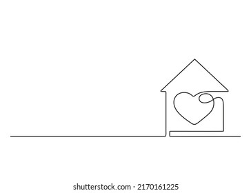 House outline with heart inside, copy space, residential building continuous one art line drawing. Love, family in home. Single contour construction house. Care and safe of home, building. Vector