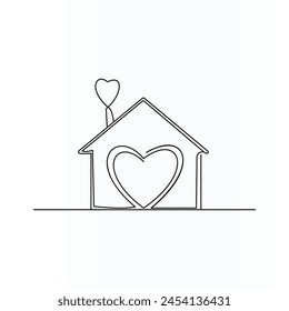 House outline with heart inside, copy space, residential building continuous one art line drawing. Love, family in home.
