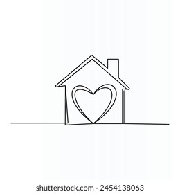 Contorno de la casa con el corazón dentro, espacio de copia, edificio residencial continuo dibujo de una línea de arte. Amor, familia en casa.