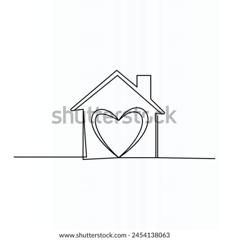 House outline with heart inside, copy space, residential building continuous one art line drawing. Love, family in home.