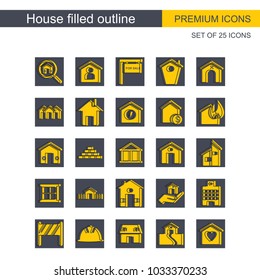 House outlines icons set grey and yellow
