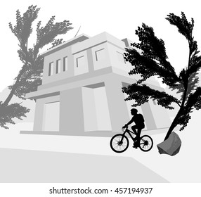 House outside with cyclist woman vector sports background